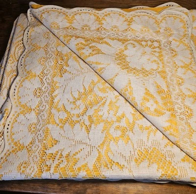 Vtg Filet Lace Tablecloth 80x67 Gold Backing Floral Scalloped Edge French Style  - Image 1 of 4