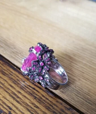 Ross Simon black Sterling silver bright pink lab created sapphire flower Ring  - Image 1 of 4