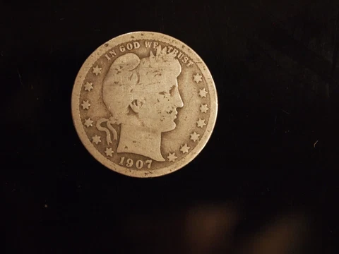 1907 90% Silver Barber Quarter Dollar Good Condition Cover
