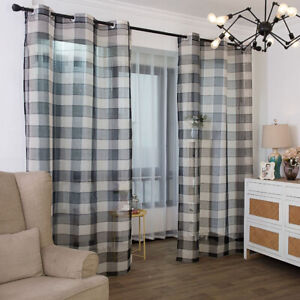 Dyssel deco Pair Retro Home Geometric Check Sheer Window Curtains For Livingroom