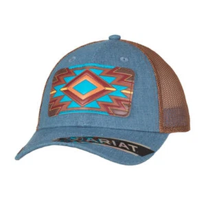 ¡Nuevo! SOMBRERO DENIM Ariat para mujer con PARCHE DE CUERO DISEÑO AZTE Snapback Malla espalda - Imagen 1 de 1