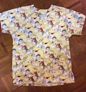 Mad About Scrubs Holiday “Christmas Santa” Medical Scrub Top S Cotton Beige S/S - Picture 1 of 4