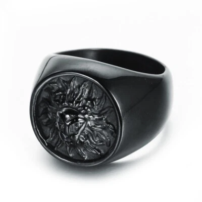 Anillo de sello redondo de león negro de colección anillo emblema de león de acero inoxidable motociclista punk Foto 1 de 4