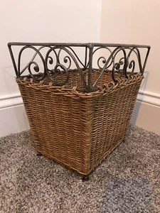 Vintage Tan Wicker Waste Basket Trash Can with Metal Swirl Design Top - Picture 1 of 8