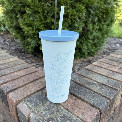 NUEVO vaso Dolly Parton MARIPOSA 20 OZ + tapa y pajita blanco y azul Foto 1 de 4