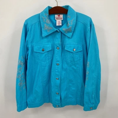 Quacker Factory Women's Size L Embellished Butterfly Denim Jacket Turquoise Blue - Image 1 of 4