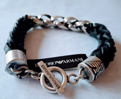 Pulsera Emporio Armani de cuero de plata de ley para hombre Foto 1 de 4