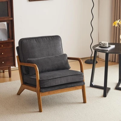 Cómoda silla de pana con brazos curvos, sillón de madera maciza Foto 1 de 4