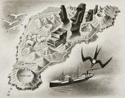 Miguel Covarrubias Map of Easter Island – Moai, Sheep & Ship Illustration Print - Image 1 of 2