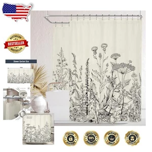 Botanical Floral Shower Curtain 180Wx70H with 32 Metal Hooks - Modern Style - Picture 1 of 7