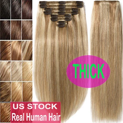 Thick Double Weft Clip In Real Remy Human Hair Extensions Full Head Highlight US - Image 1 of 4