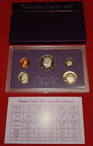 1987 Clad US Proof 5 Coin Set with Original Packaging & COA COMPLETE Cover
