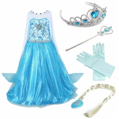 Eiskönigin Prinzessin Kleid Frozen Kostüm Eisprinzessin Set+4 Zubehör DE - Bild 1 von 4