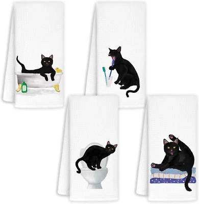 Juego de 4 toallas de mano para gato negro para baño - Toallas de mano para gato para amantes de los gatos, aprox. Foto 1 de 4