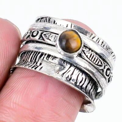Anel giratório feito à mão Tiger Eye folheado a prata 925 tamanho 8,5 EUA - Imagem 1 de 3