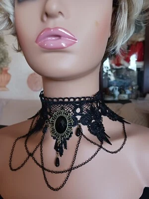 Collar Gargantilla Gótica, Joyería, Hecho a Mano Negro, Encaje, Perlas Falsas 12/13" #5 Foto 1 de 4