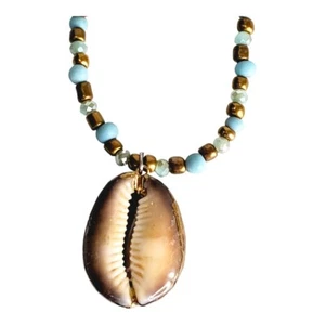 Mare Sole Amore Blue and Gold Beads with Shell Pendent Necklace - 26" - Picture 1 of 24