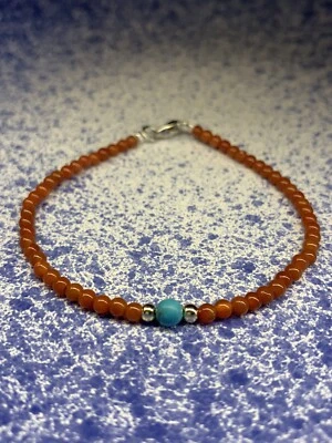 Extra-fine 3mm Carnelian (orange tone)and 4mm turquoise bracelet - Image 1 of 4