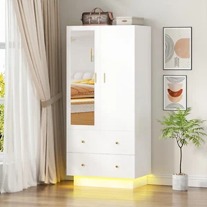 Armoire Wardrobe Closet with Mirror & LED Lights Wooden Storage Cabinet White - Picture 1 of 9