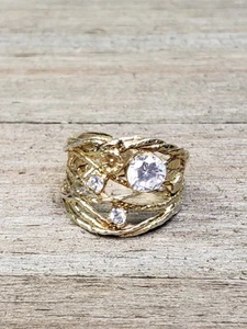 Vtg Size 7 Gold Sterling Silver Naturalistic Vine Flowers Cz Stone Ring Israel - Picture 1 of 5