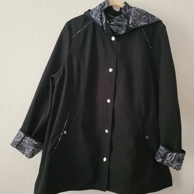 Dennis Basso Hoodie Rain Coat Black Size Lg A-line Removable Hood Paisley Lining - Image 1 of 4