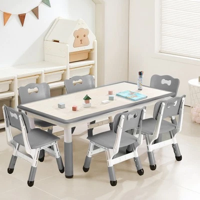 7Pcs Kids Table & 6 Chairs Set, Height Adjustable Graffiti Table for Preschool - Image 1 of 4