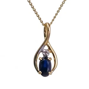 9ct Sapphire Diamond Necklace Yellow Gold 0.28ct Blue Oval Natural Gemstone - Bild 1 von 20