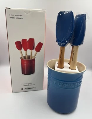 Le Creuset 1 Liter Utensil Crock w/ Spatulas 5-piece Silicone Marseille Blue NEW - Image 1 of 4