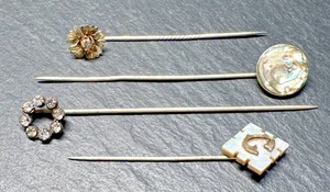 FOUR ANTIQUE STICK PINS: FLOWER, RHINESTONE CIRCLE, ABALONE, "C" H737 - Picture 1 of 22