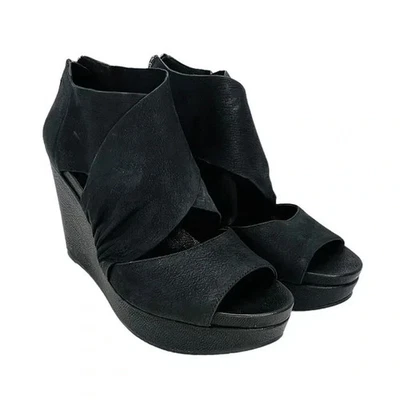 Womens Eileen Fisher Black Nubuck Suede Leather Draw Draped Wrap Wedge Sandal 10 - Image 1 of 4
