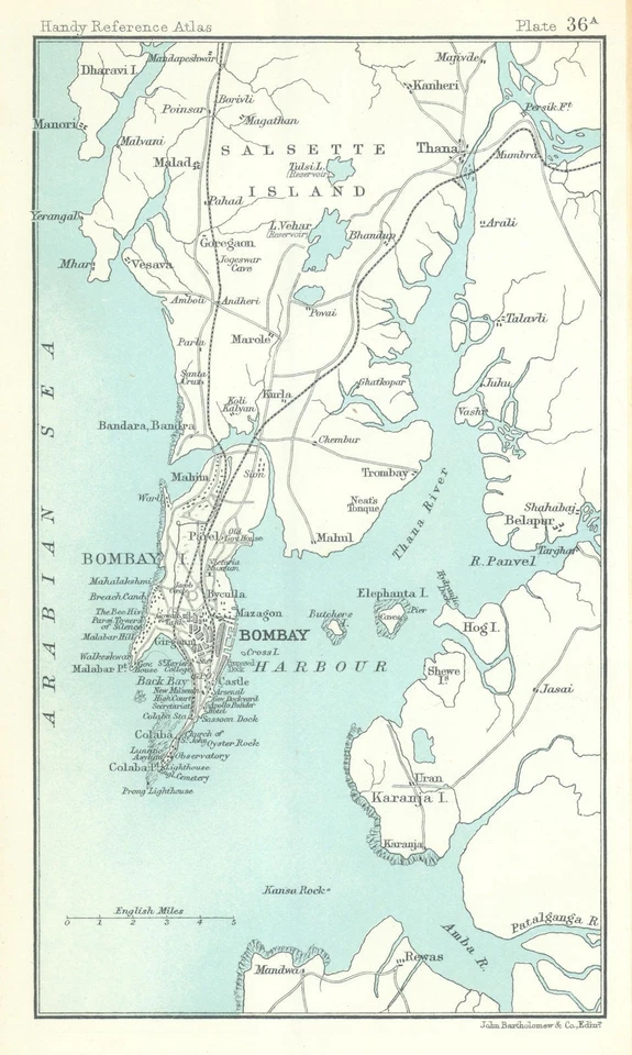 Окрестности Бомбея/Мумбаи. Британская Индия. ВАРФОЛОМЕЙ 1909 старая антикварная карта карта - Изображение 1 из 1