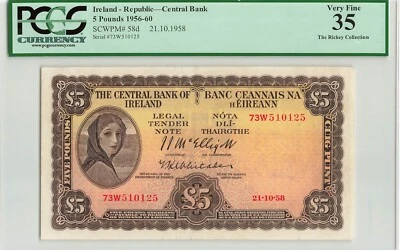 IRELAND 5 Pounds 1958, P-58d, PCGS 35 Choice VF, Scarcer Date in Nice Grade - Image 1 of 2