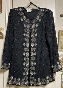 Beautiful Black Silk Beaded Jacket With Silver Sequins/Beads Size L -as is - Picture 1 of 23
