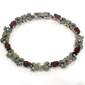 Pulsera vintage de marcasita de plata de ley granate rojo - Imagen 1 de 14