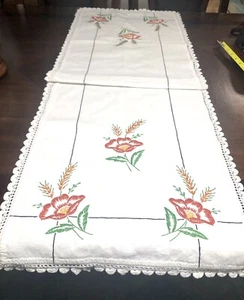 Runner da tavolo lino cotone ricamo a mano fiori primavera con bordo all'uncinetto - Foto 1 di 12