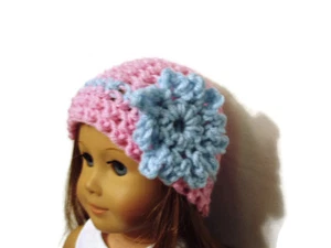 Sombrero de crochet se adapta a muñecas American Girl 18" muñeca ropa rosa con flor azul Lt - Imagen 1 de 3
