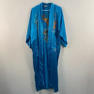 Golden Deer Women Small Silk Robe Kimono Blue Embroidered Open Dragon Bird China - Picture 1 of 15