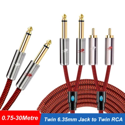 Twin 6.35mm 1/4Inch Mono Jack Plugs to Twin RCA Phono Plugs Audio Cable 0.75-30m - Image 1 of 4