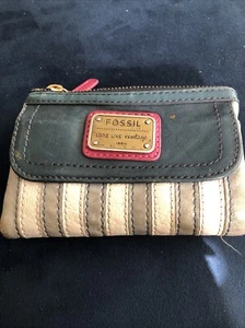 Vintage FOSSIL Trifold Purse Wallet Blue/red - Picture 1 of 9