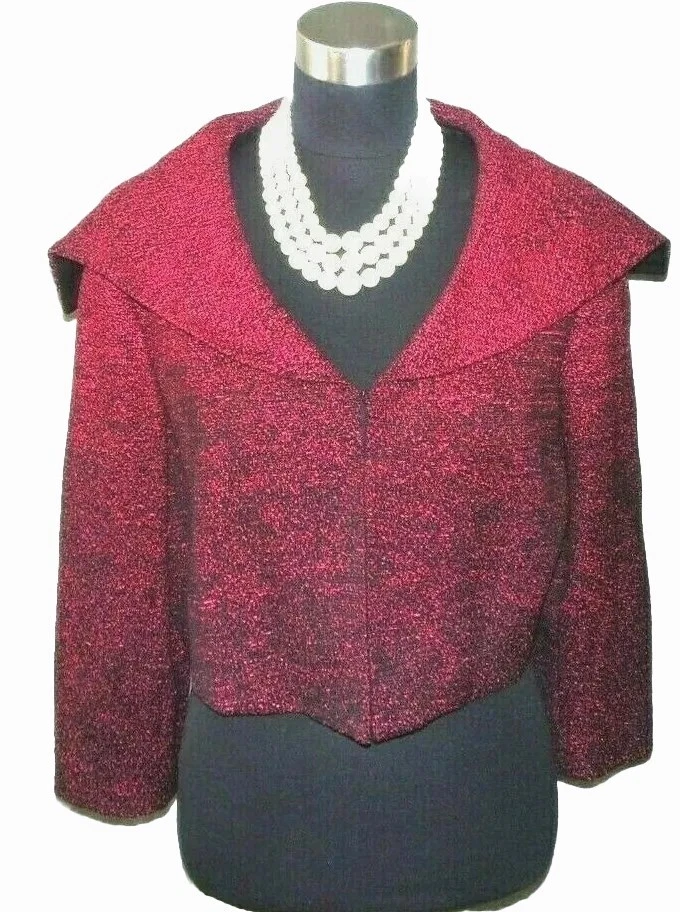 Jaqueta terno Rickie Freeman Teri Jon tamanho G vermelha preta lã boucle xale colarinho 12 - Imagem 1 de 4