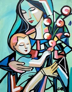 CORBELLIC MOTHER ROSES 16X20 LARGE GALLERY CUBIST COLLECTIBLE DESIGNER HOME - Picture 1 of 7