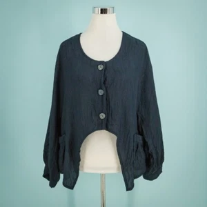 J'Idee Size Small Medium S M Blue Asymmetrical Long Sleeve Lagenlook Artsy Top - Picture 1 of 7