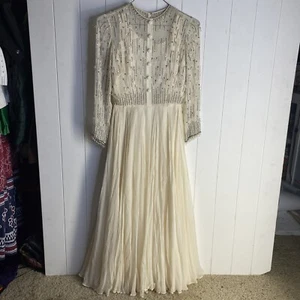Vtg British Crown Colony Hong Kong Silk Hand Beaded Rhinestone Cream Long Dress - Picture 1 of 13