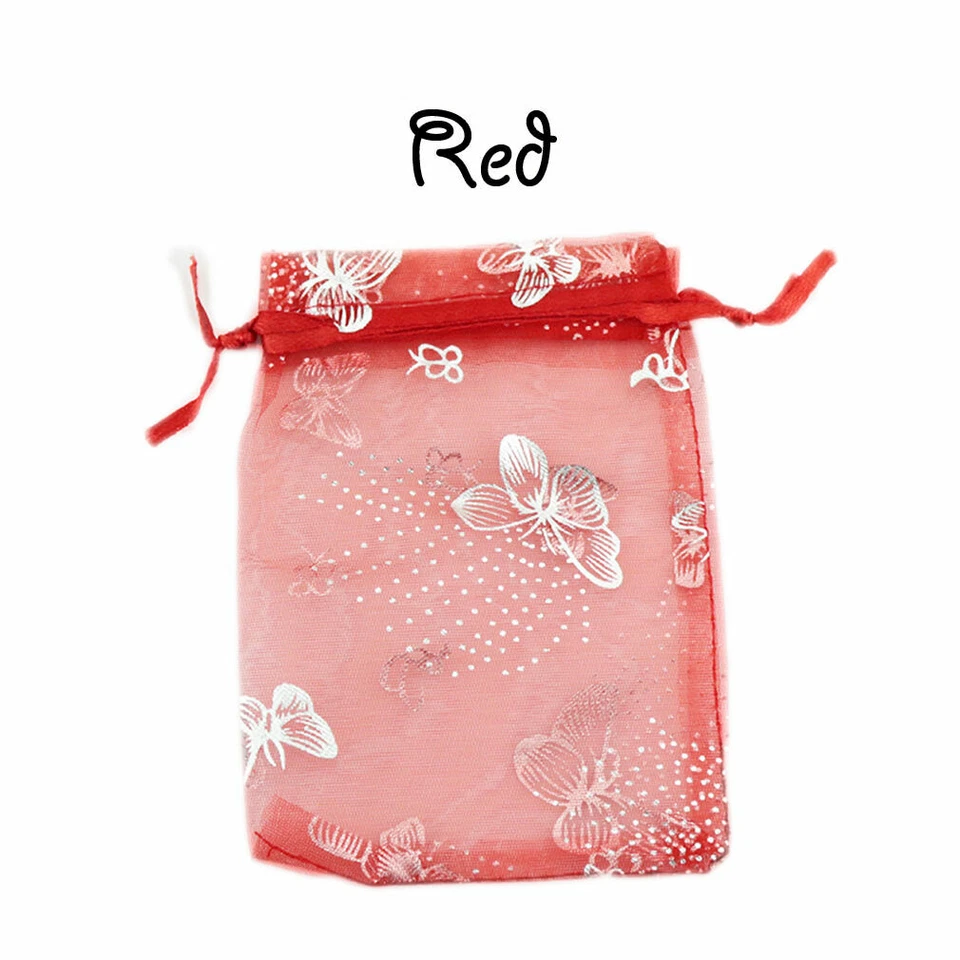 10pcs Red Organza Gift Bags Jewelry Bags with Silver Butterflies - Image 1 of 1