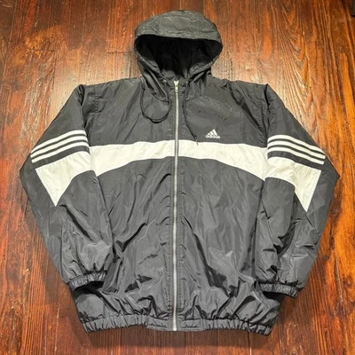Vintage Adidas Jacket Mens M Black Hooded Quilted Insulated Stripes 90s Y2K - Image 1 of 4