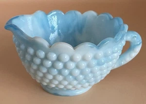 Slag Glass Variegated Blue Creamer Hobnail Design with Scalloped Edge - Picture 1 of 8