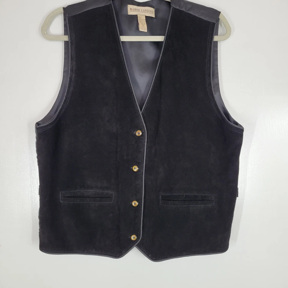 Vtg Marsh Landing Large Black Leather Button up Vest Suede Sleeveless Western - Image 1 of 4