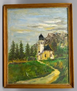 Aquarell Wandbild Kirche Landschaft Motiv Holzrahmen signiert A.Sowb Vintage - Bild 1 von 5