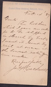 1887 Postkarte J W Caldwell Drogist Detroit Mi nach Benton Ayers Co Cleveland - Bild 1 von 2