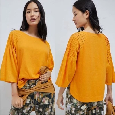 Anthropologie Maeve Orange Pleated Bell Sleeve Blouse Top S 100% Cotton - image 1 of 4